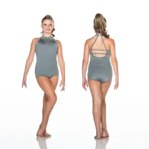 Front and back views of gray halter dance leotard