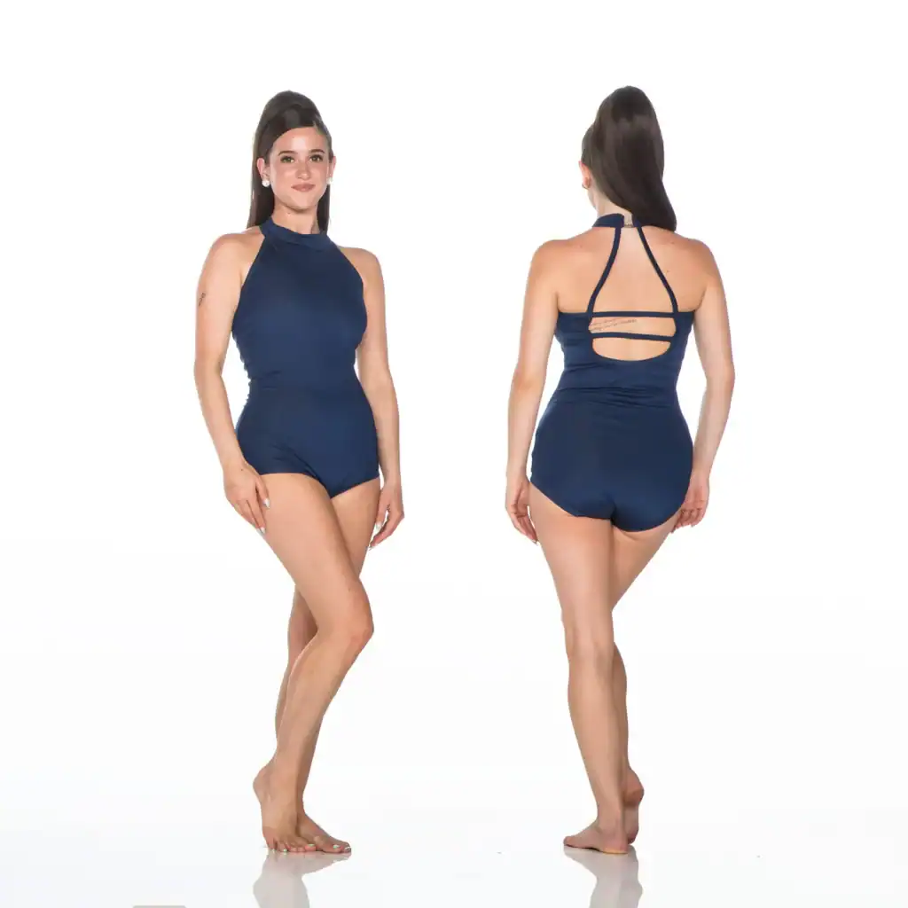 Front and back views of navy halter one-piece swimsuit