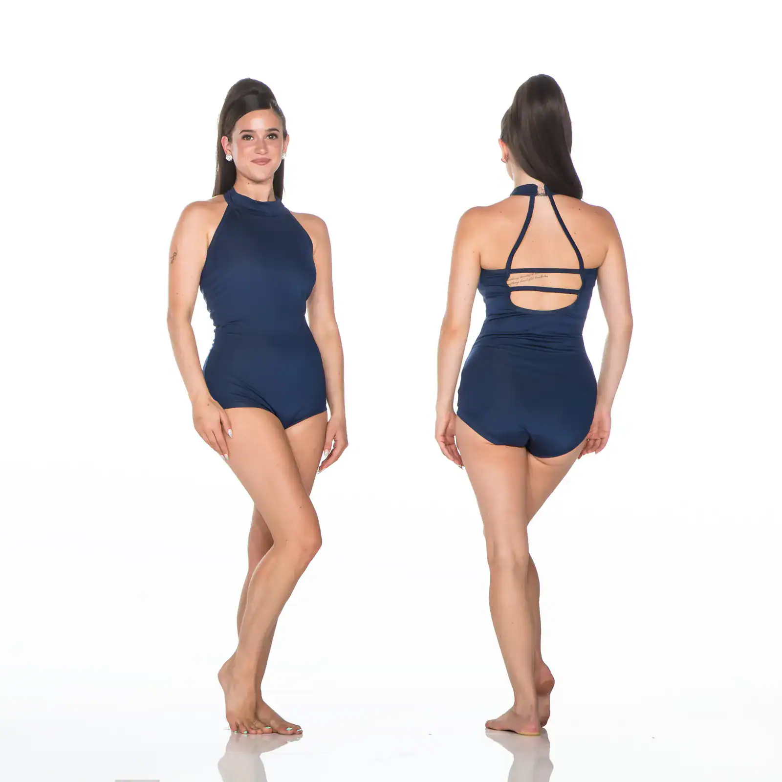 Front and back views of navy halter one-piece swimsuit