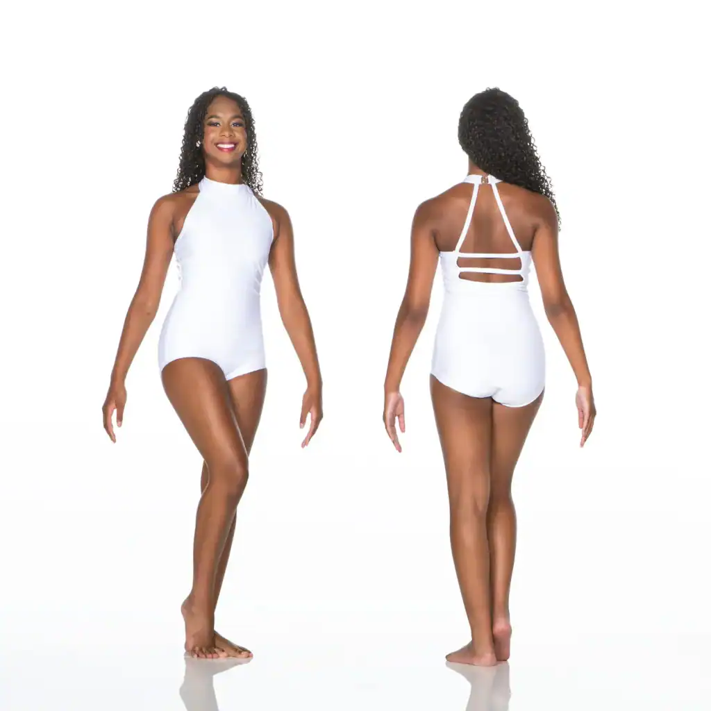 Model wearing white halter leotard, front and back views