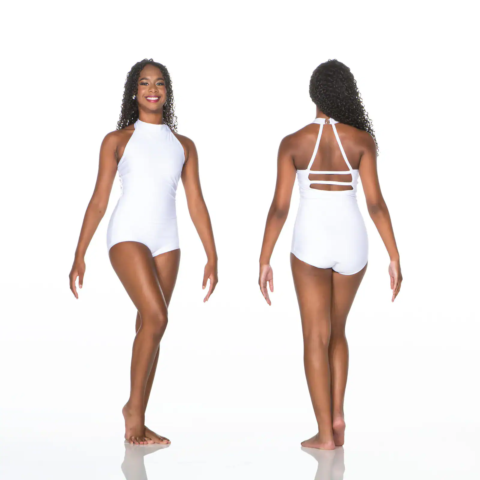Model wearing white halter leotard, front and back views
