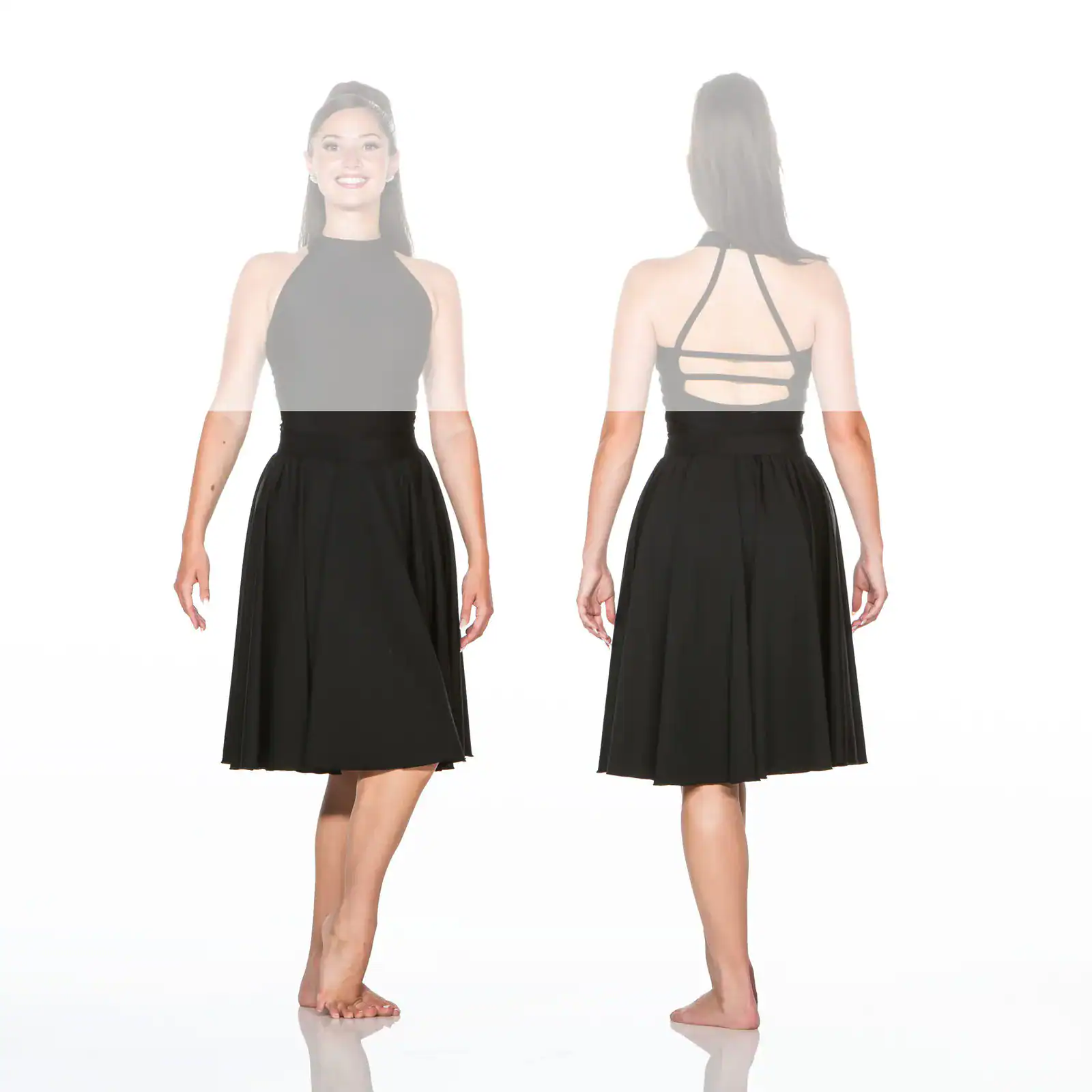 Front and back views of black halter dress