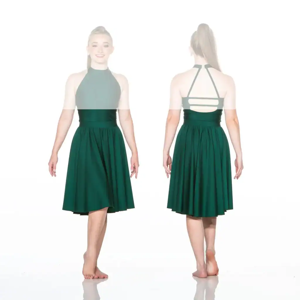 Front and back views of emerald green halter dress