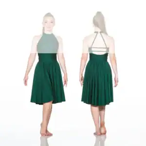 Front and back views of emerald green halter dress