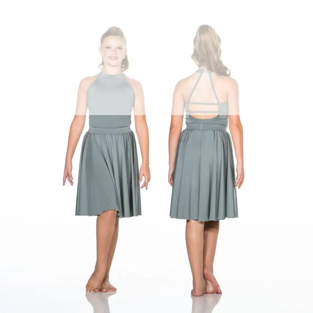 Front and back views of gray halter dress