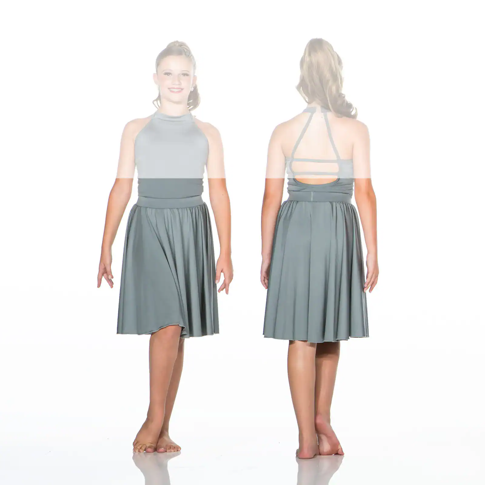 Front and back views of gray halter dress