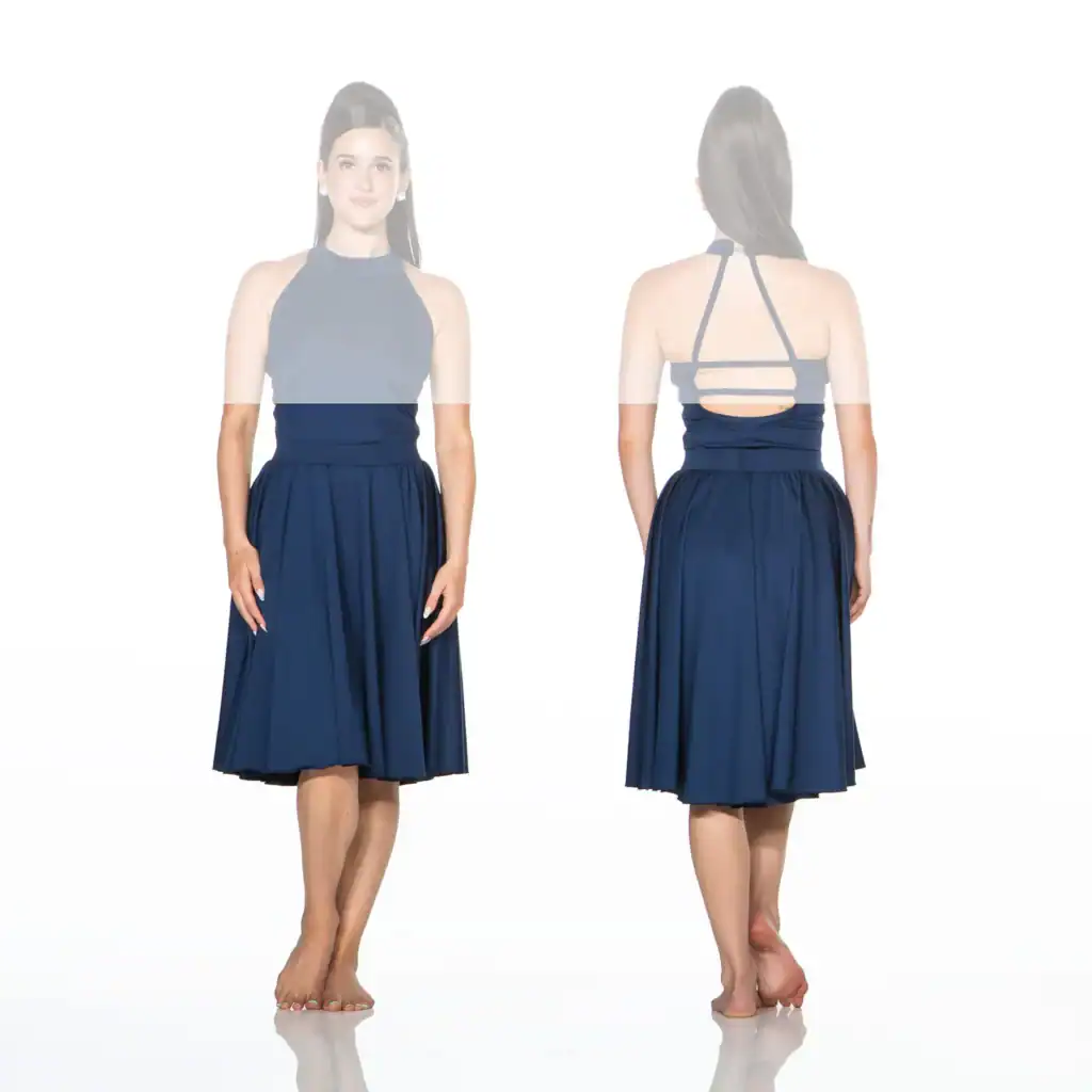 Front and back views of navy halter dress