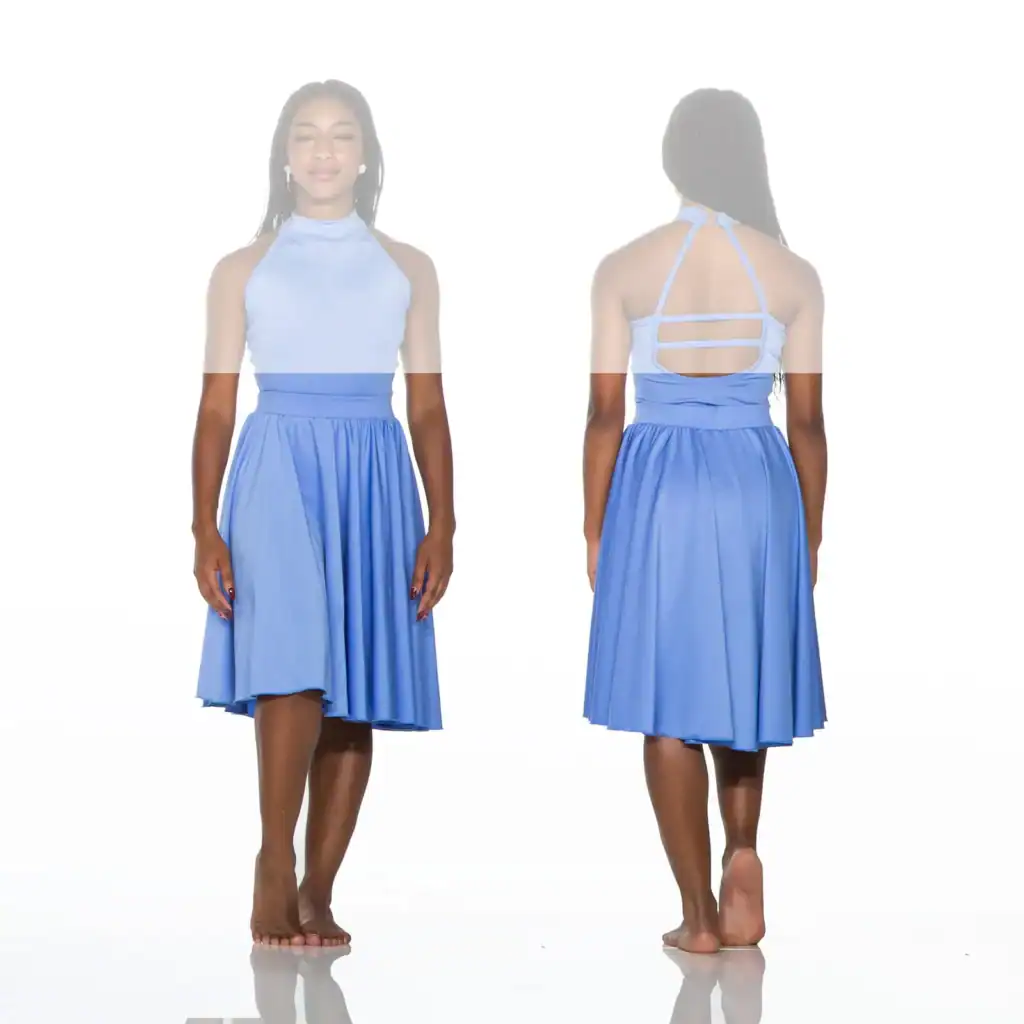 Front and back views of light blue halter dress