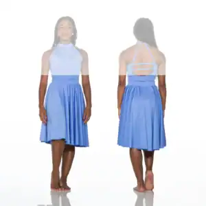 Front and back views of light blue halter dress