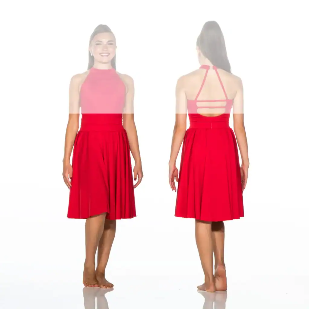 Front and back views of red halter dress
