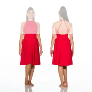 Front and back views of red halter dress