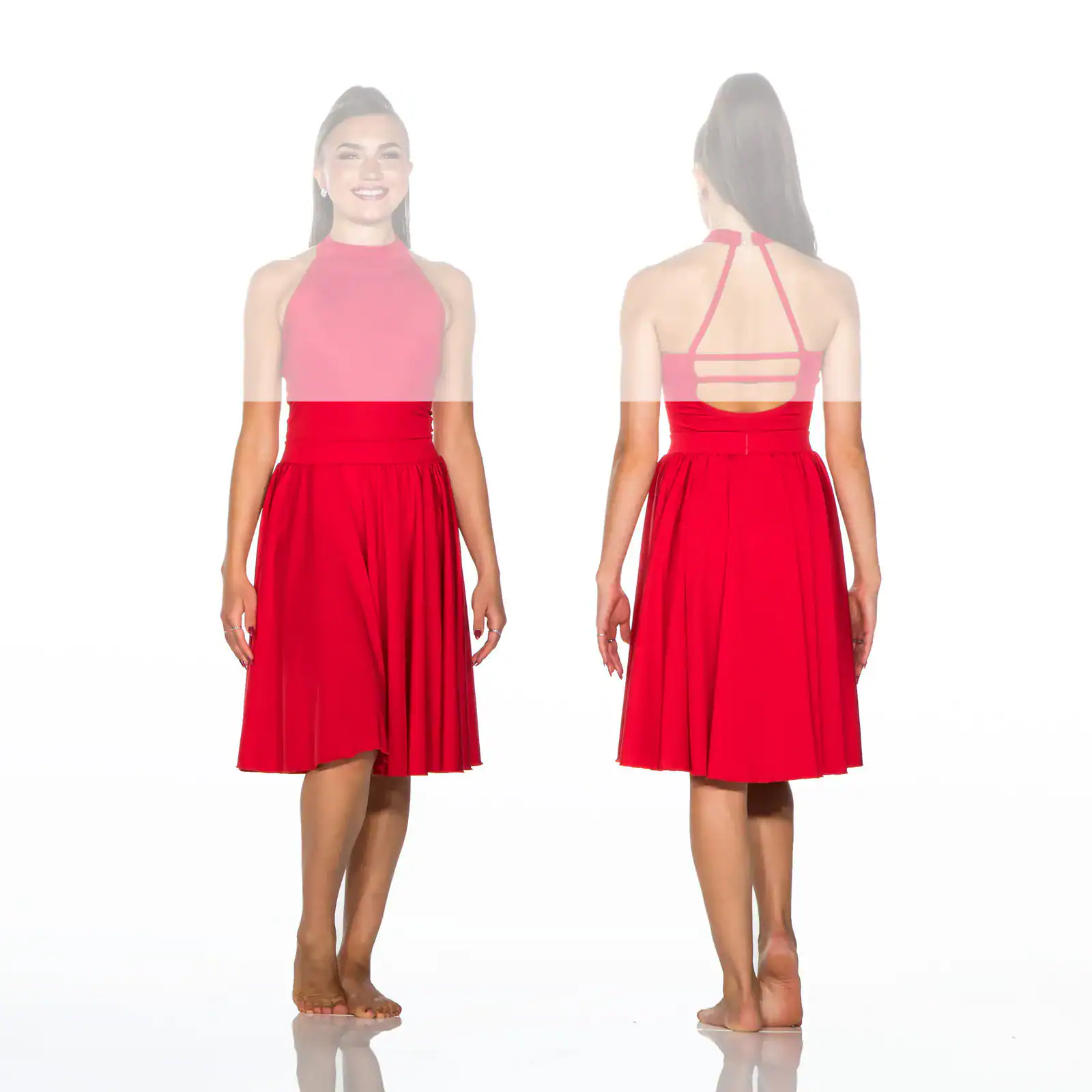 Front and back views of red halter dress
