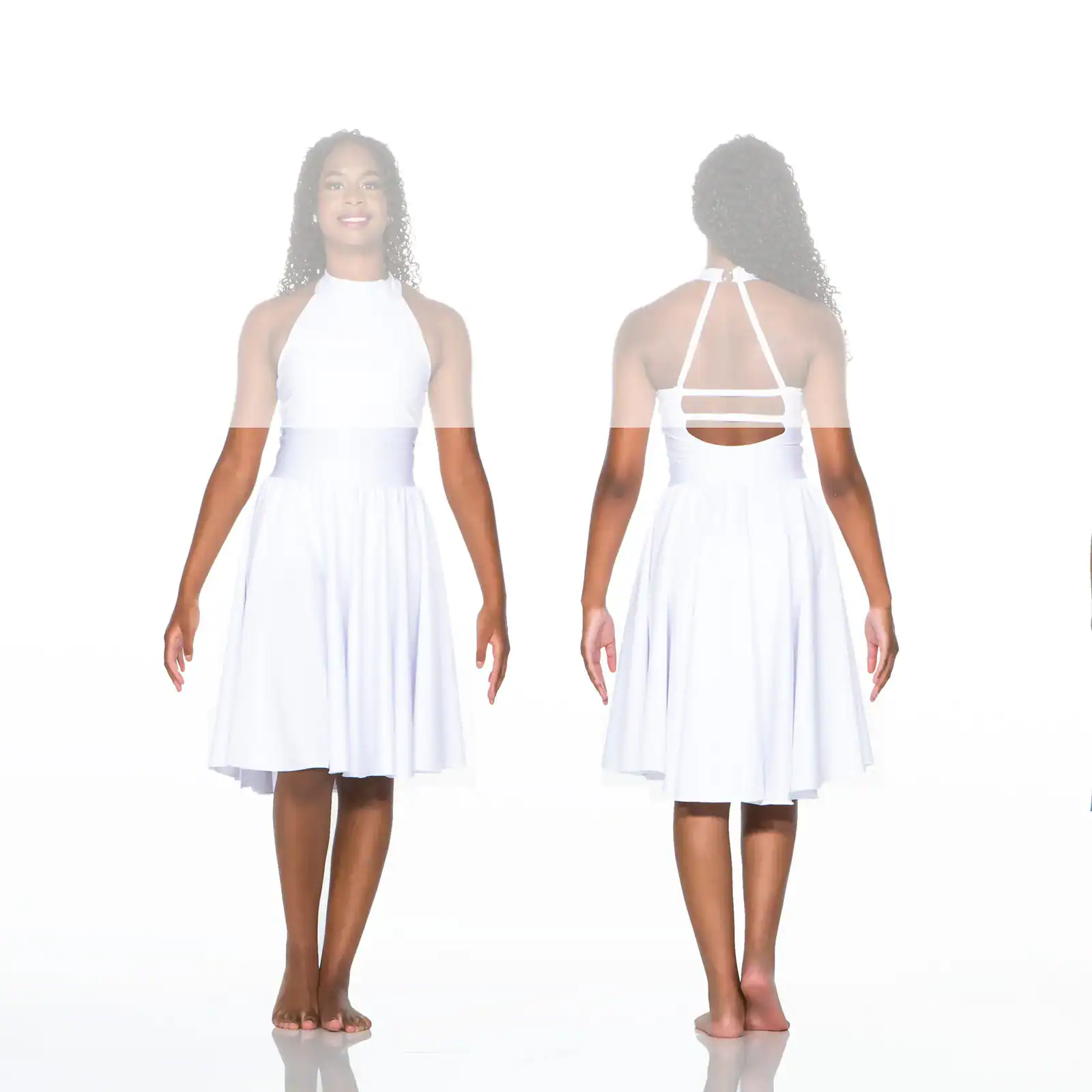 Front and back views of white halter dress
