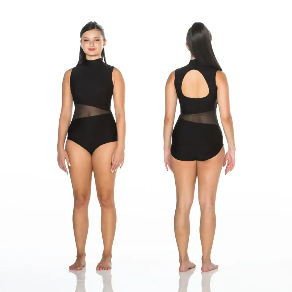 Front and back views of black mesh-panel bodysuit