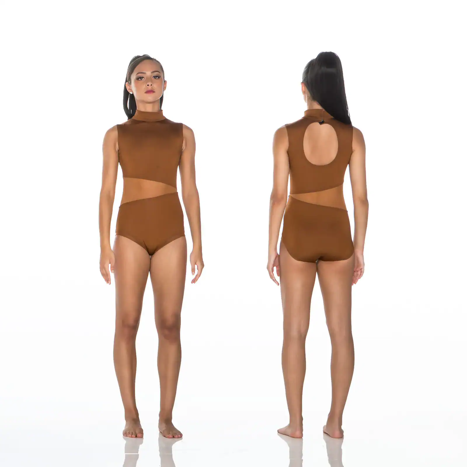 Front and back views of brown cutout leotard