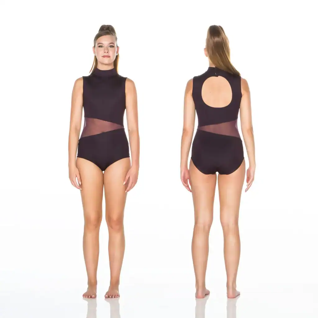 Front and back views of black mesh-panel leotard