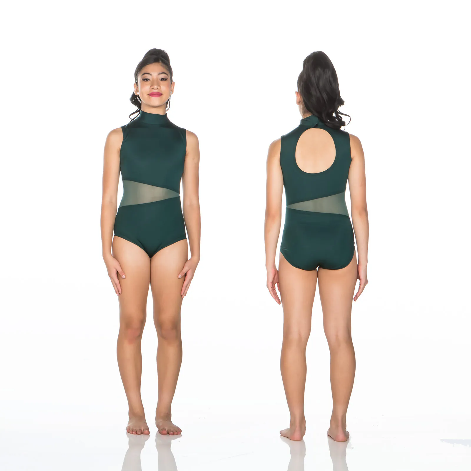 Front and back views of dark green mesh swimsuit