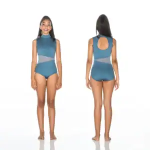 Front and back views of blue mesh-panel leotard