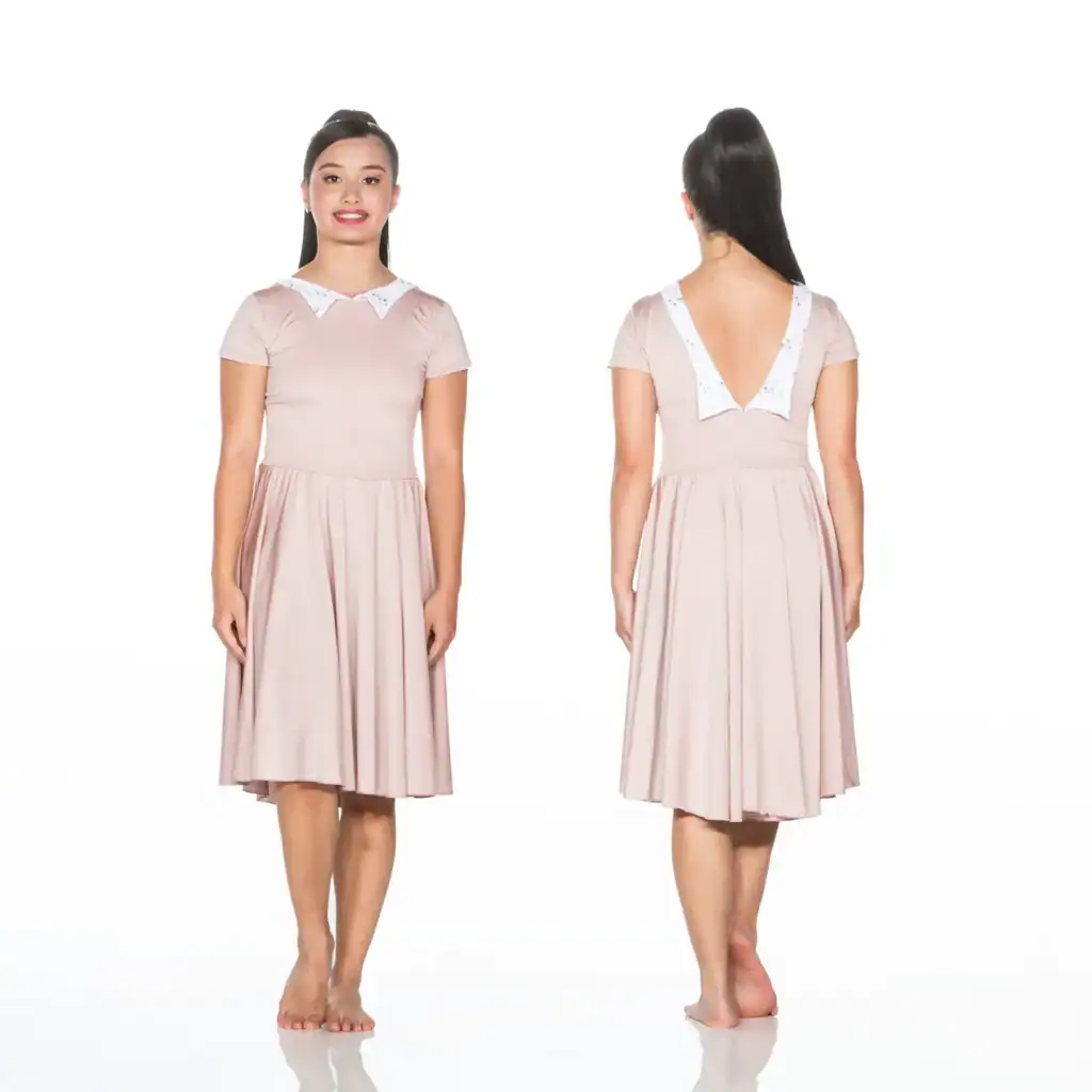 Front and back views of pale pink dress with collar