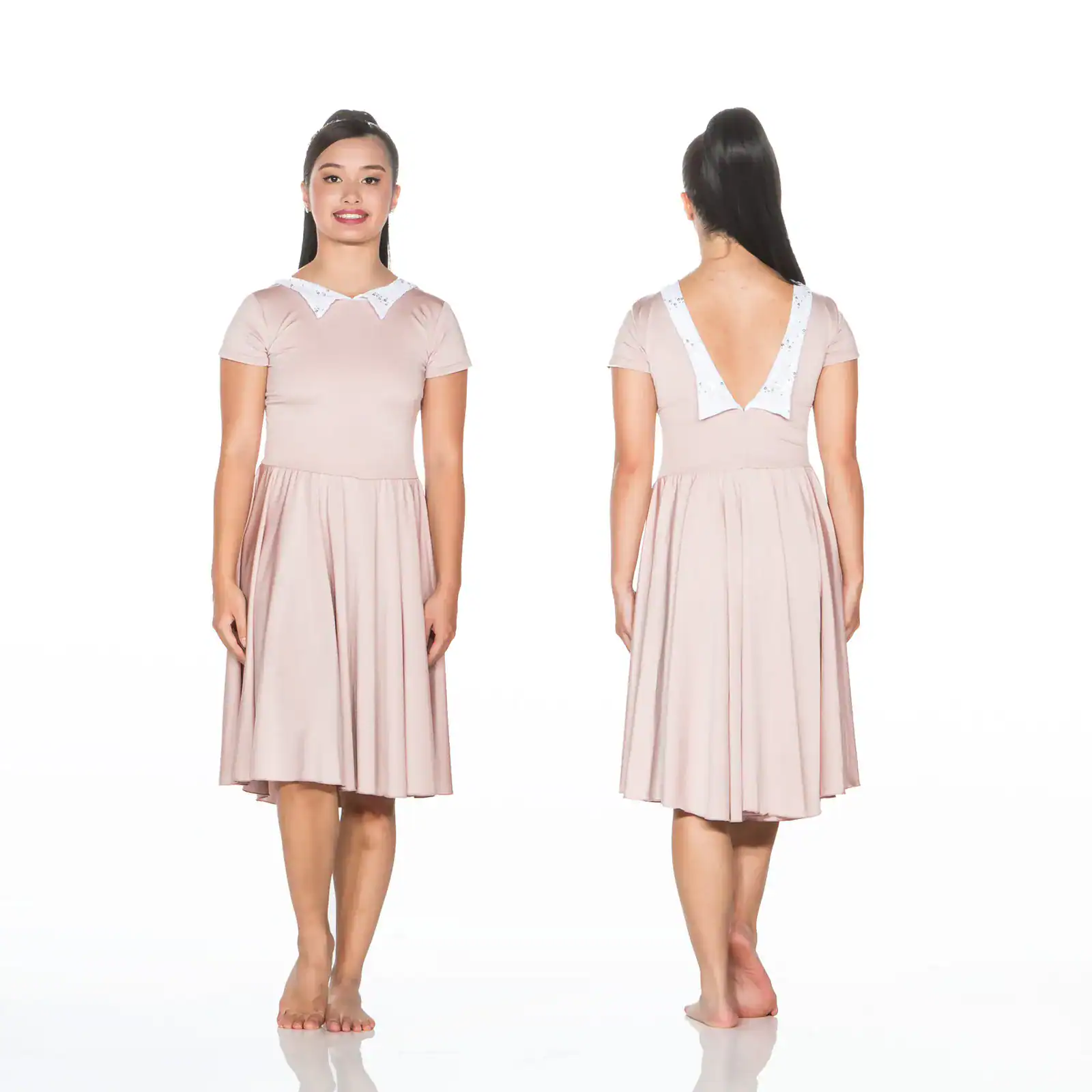 Front and back views of pale pink dress with collar