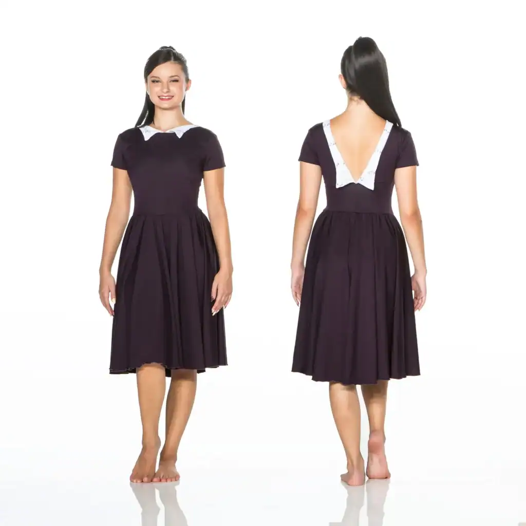 Front and back views of dark dress with white collar