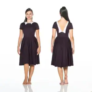 Front and back views of dark dress with white collar