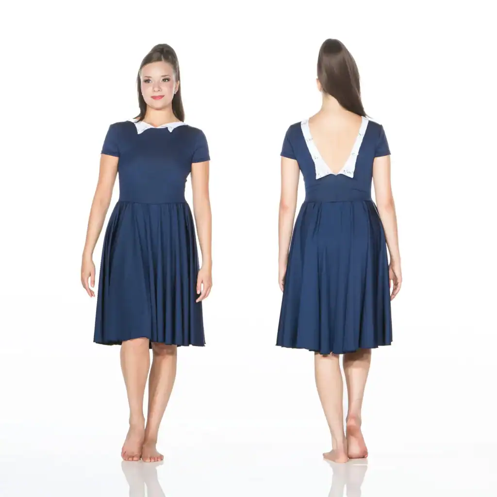 Front and back views of navy dress with white collar