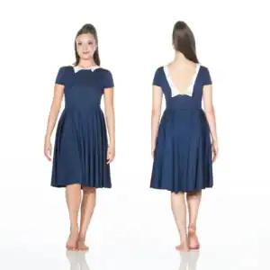 Front and back views of navy dress with white collar