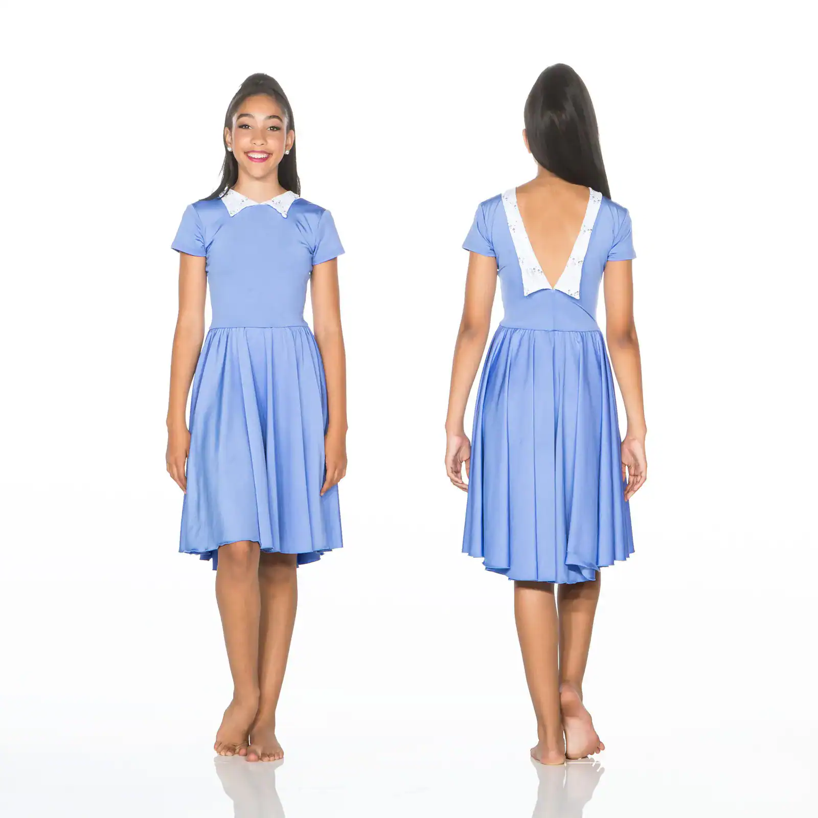 Front and back views of blue dress with white collar