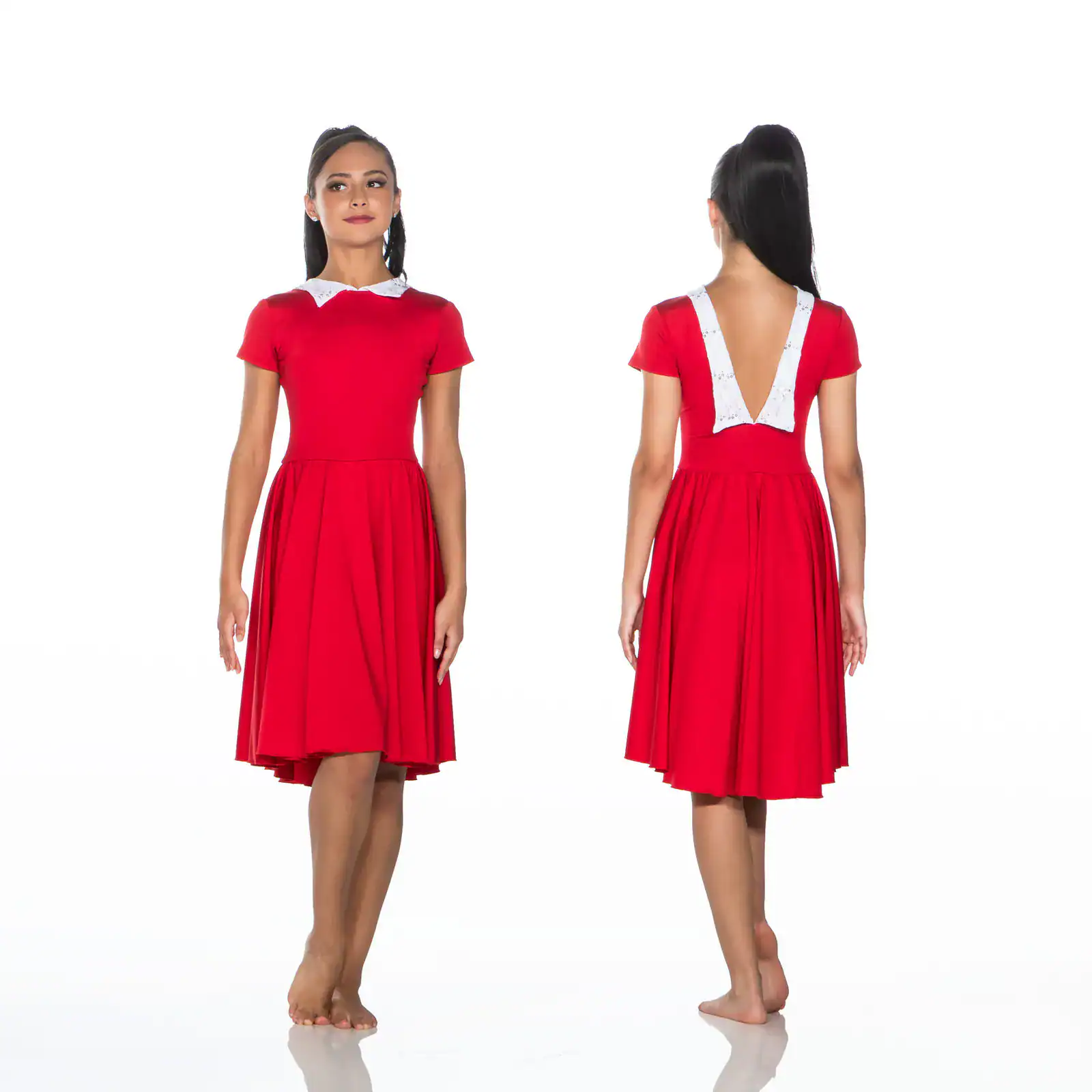 Front and back views of red dress with white trim
