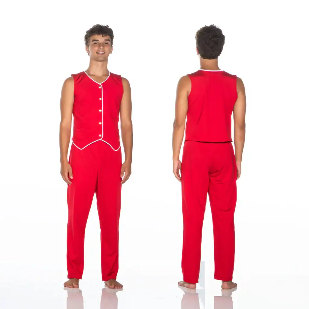 Male model shows front and back of red costume.