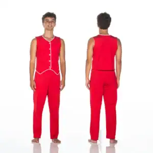 Male model shows front and back of red costume.