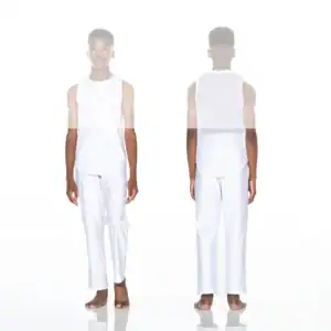 Male model in white sleeveless top and pants, front and back
