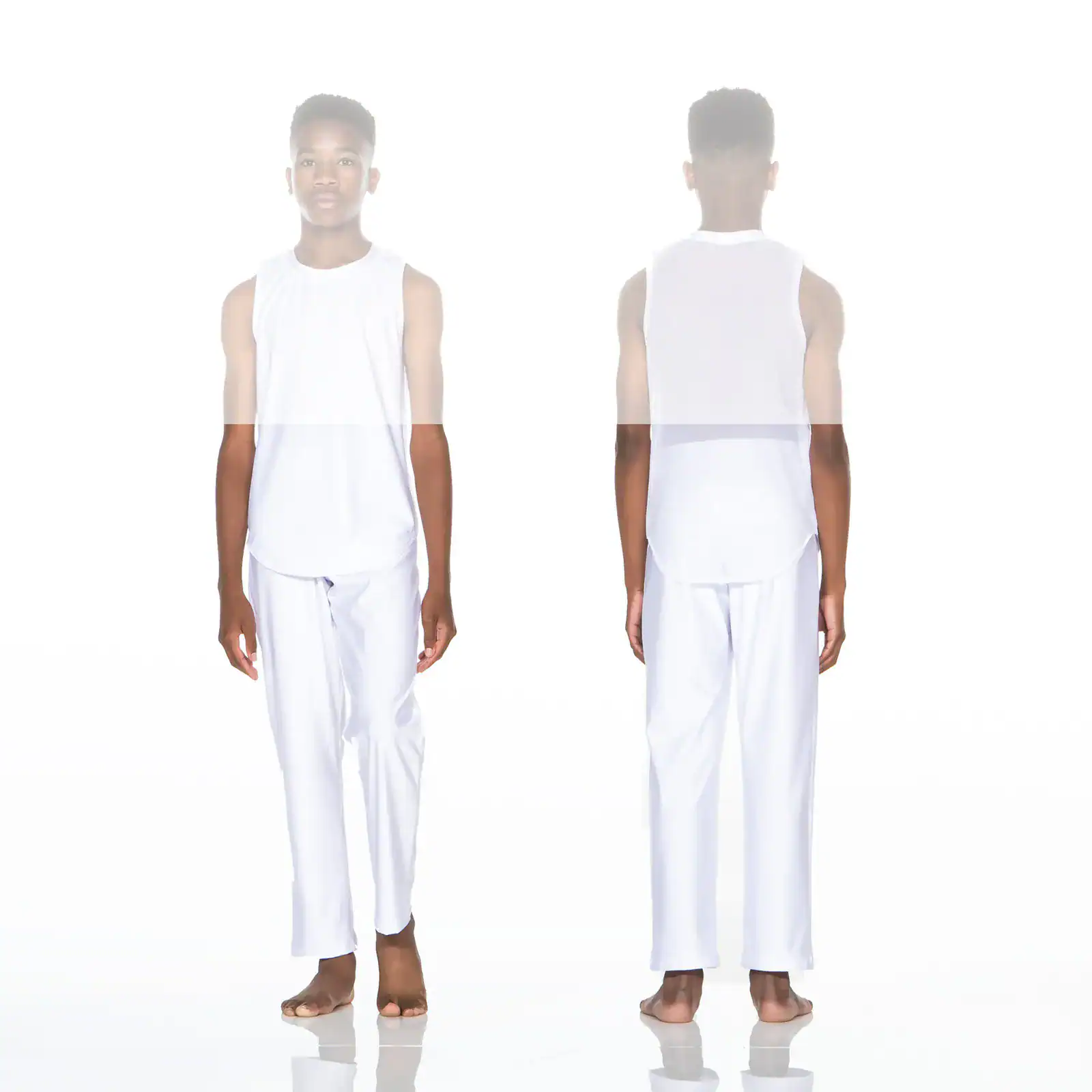 Male model wearing white sleeveless top and pants, front and back
