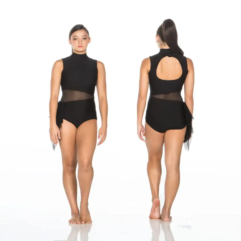 Front and back views of black dance leotard