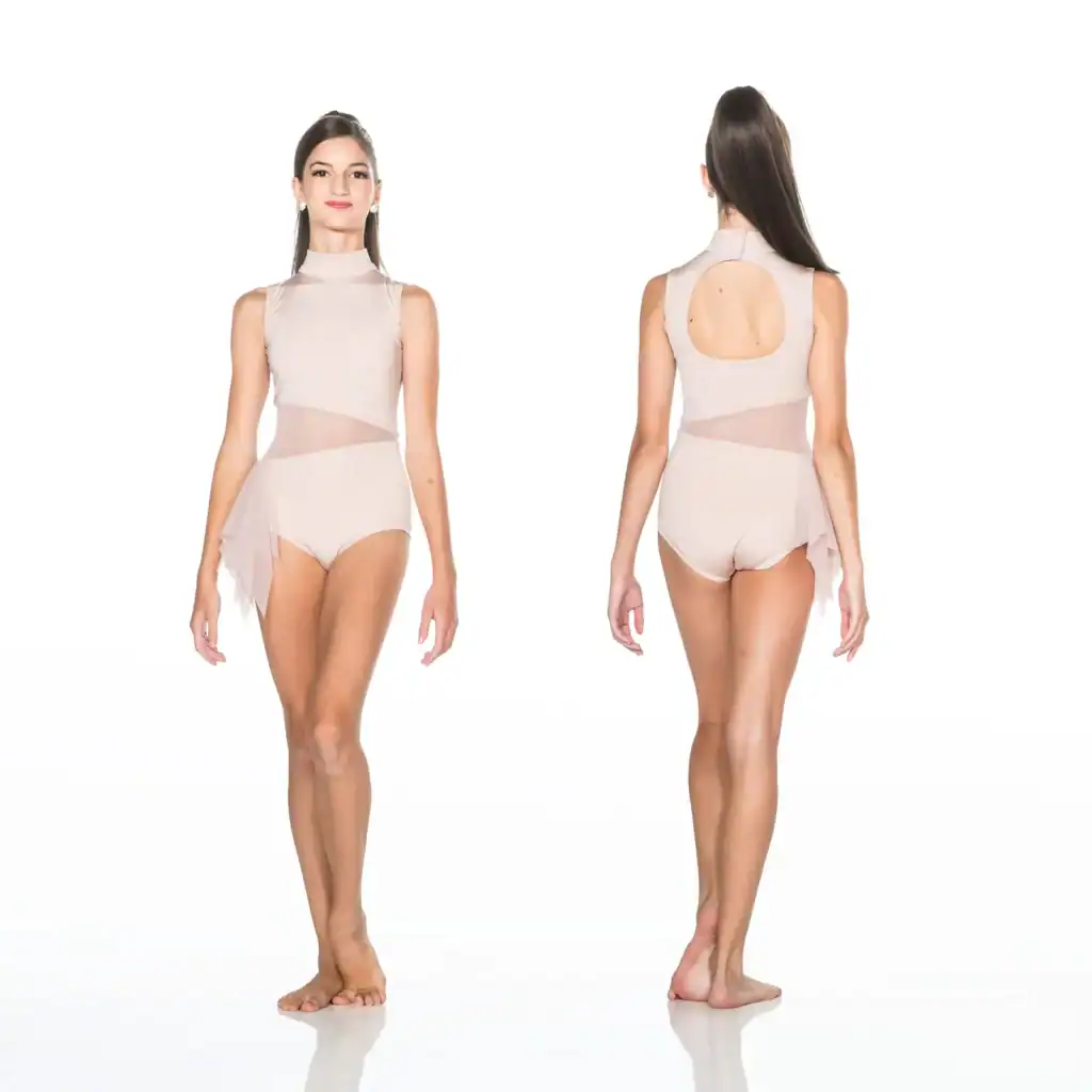 Front and back views of blush cutout dance leotard