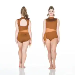 Front and back views of brown cutout leotard