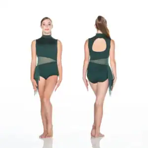 Front and back views of dark green dance leotard
