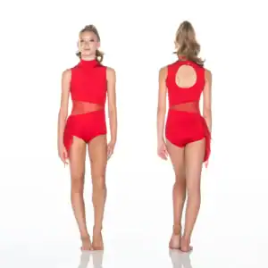 Front and back views of red dance leotard
