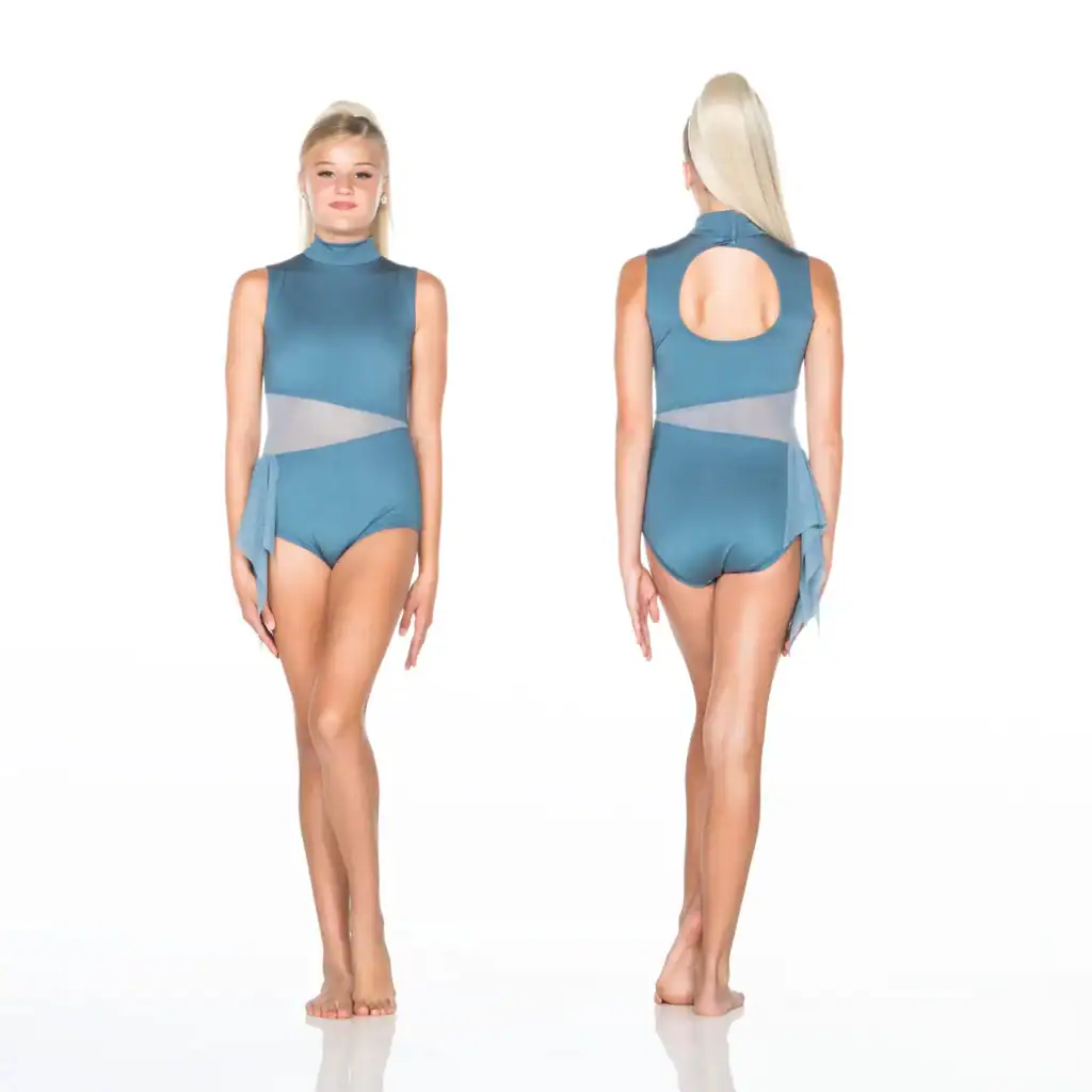 Front and back views of blue dance leotard