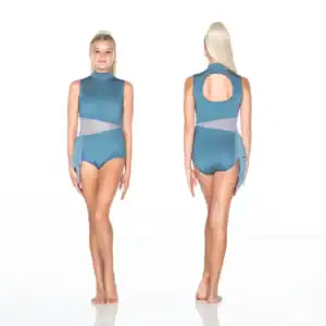 Front and back views of blue dance leotard