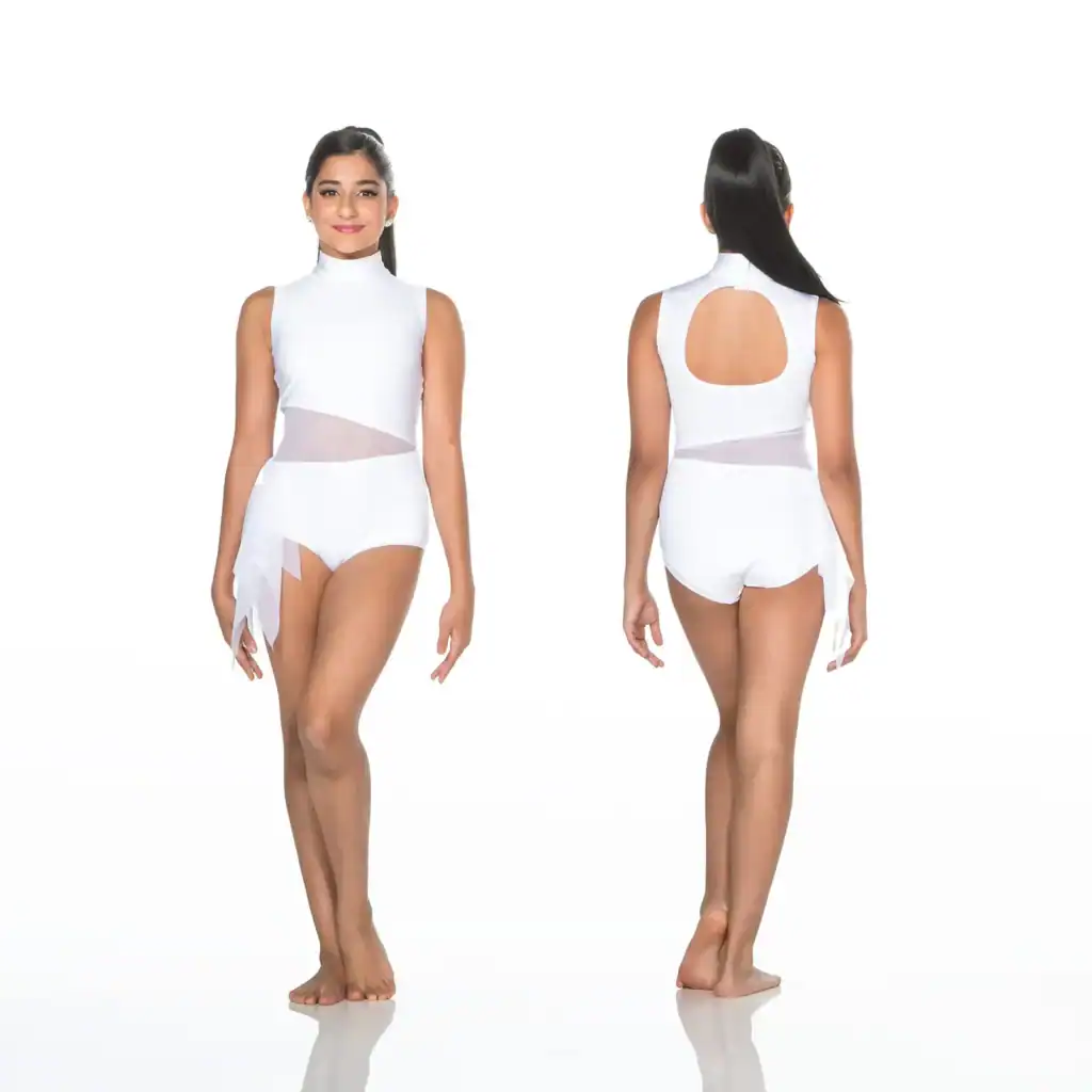 Front and back views of white cutout bodysuit