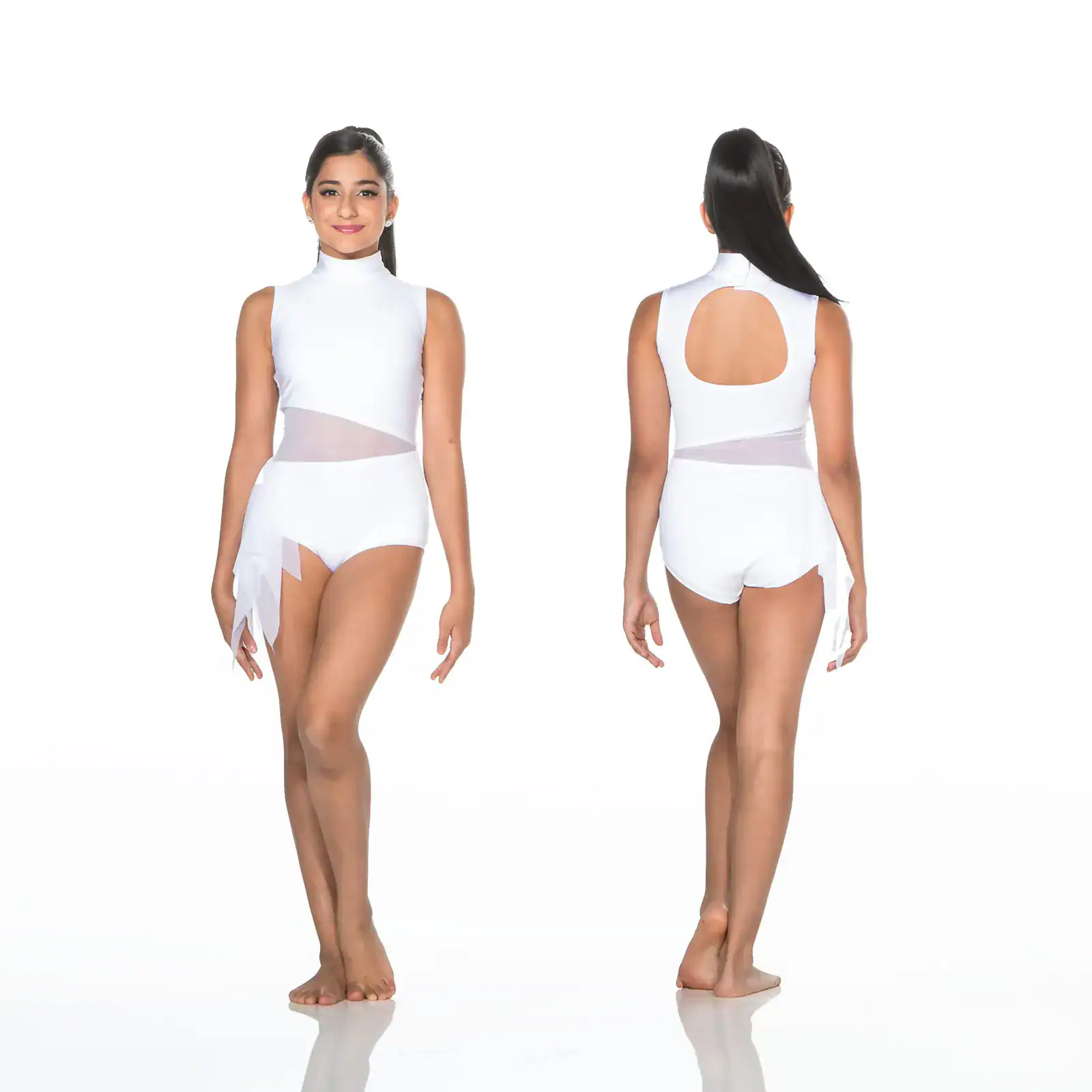 Front and back views of white cutout bodysuit