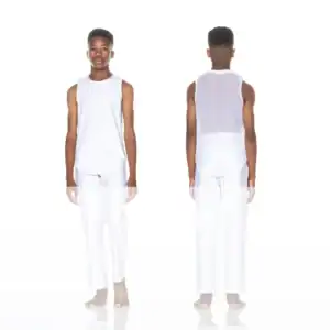 Front and back views of man in white sleeveless outfit