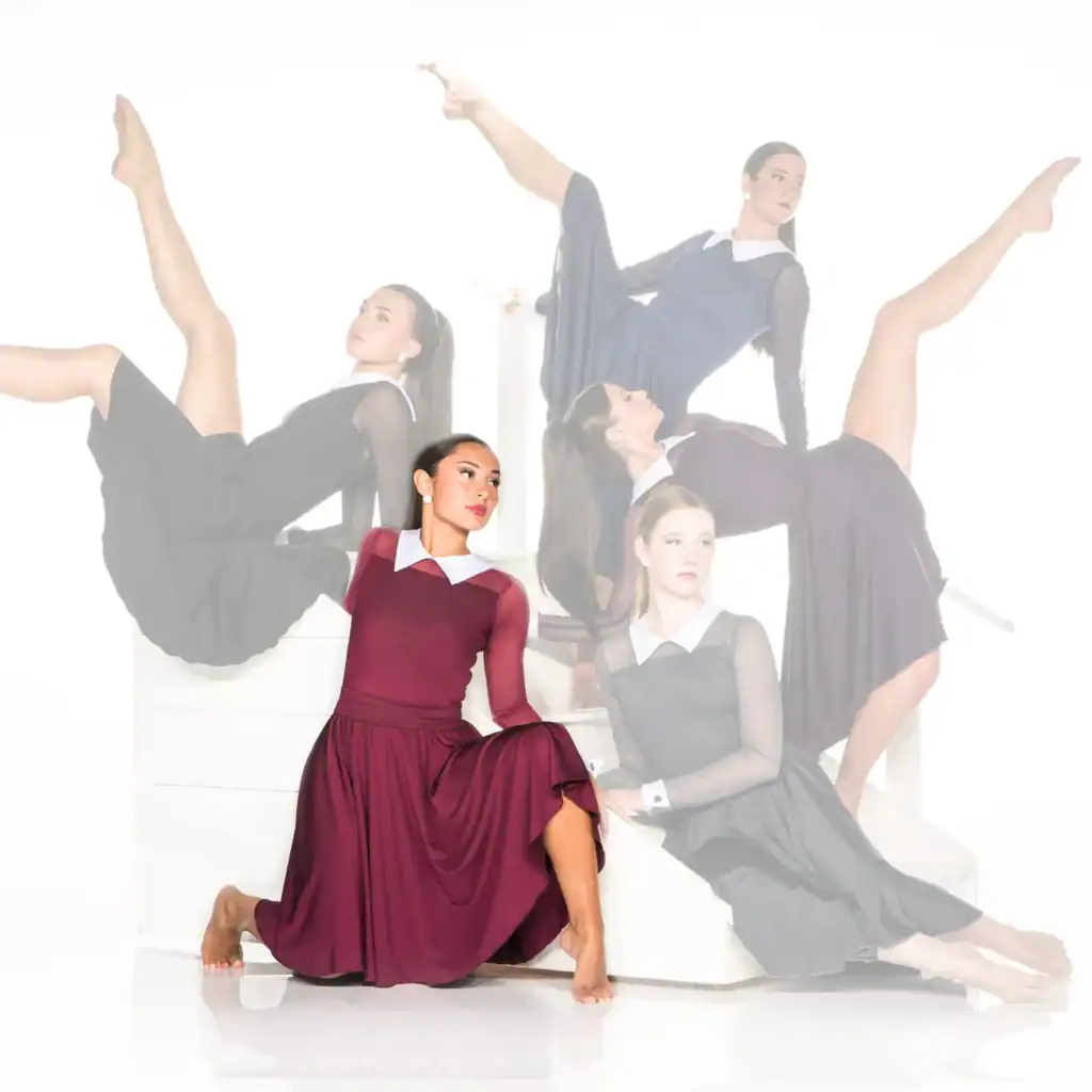 Dancers in elegant dresses pose against a white background.