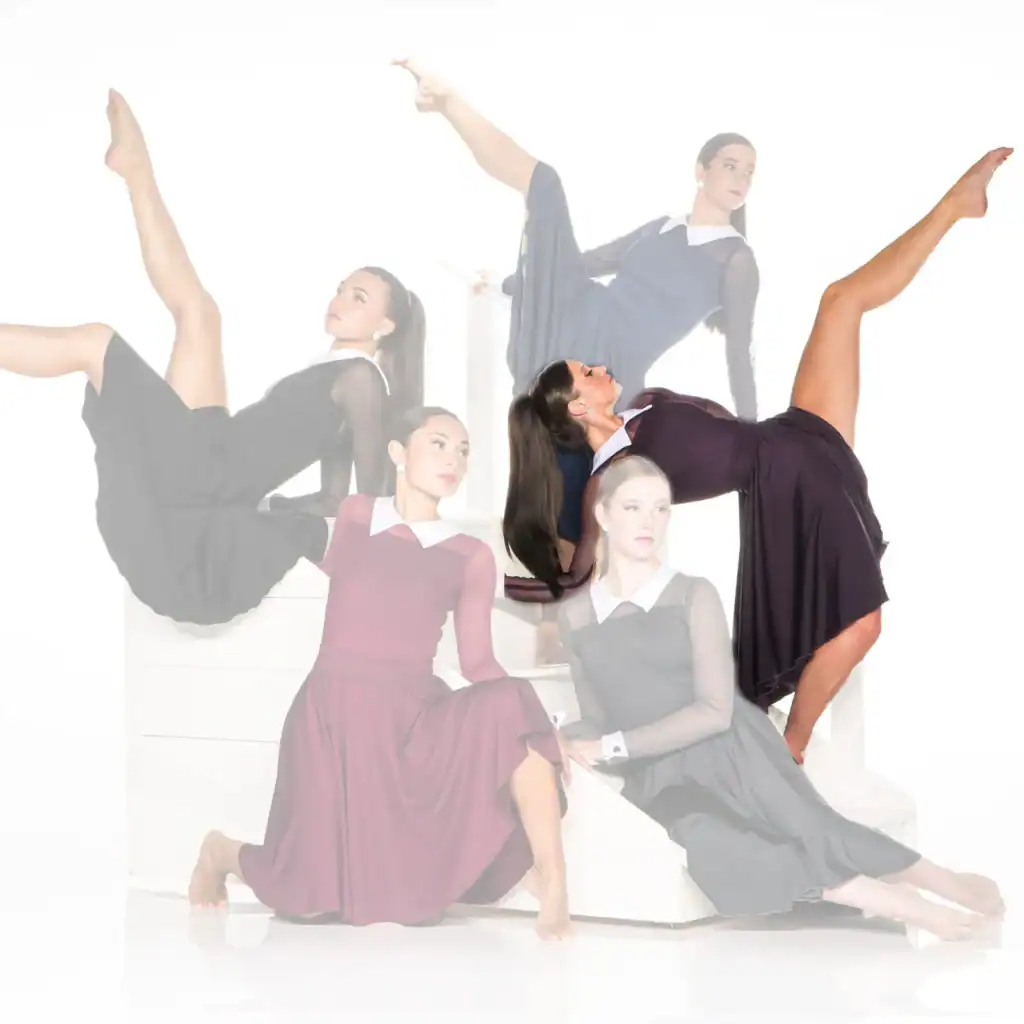 Five dancers pose in dresses against a white background.