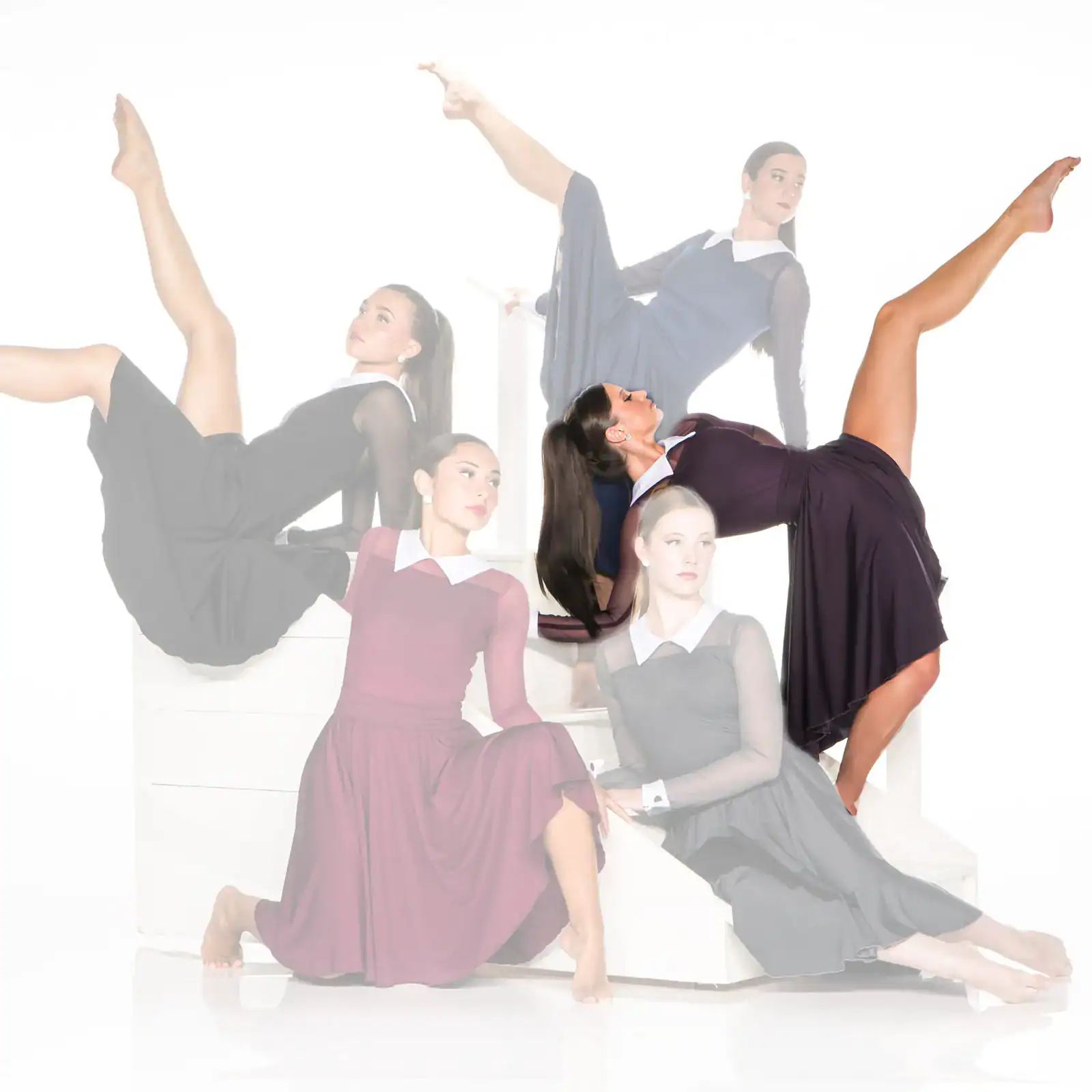 Five dancers pose in dresses against a white background.