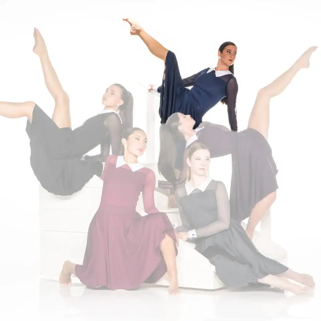 Five dancers pose dramatically on white platforms in flowing dresses.