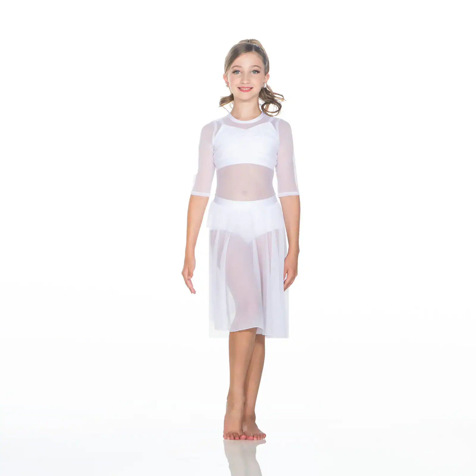 Young dancer wearing a white sheer lyrical dance costume