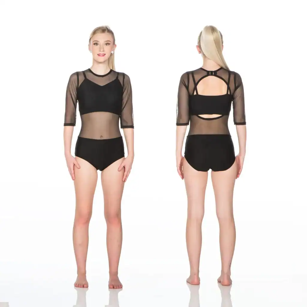 Front and back views of black mesh dance leotard